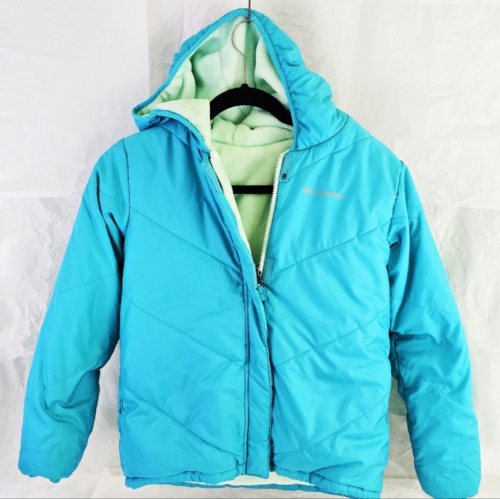 Columbia Youth Sz L Soft Fuzzy Warm REVERSIBLE Jacket Blue and Mint Green Hoodie - Picture 8 of 11